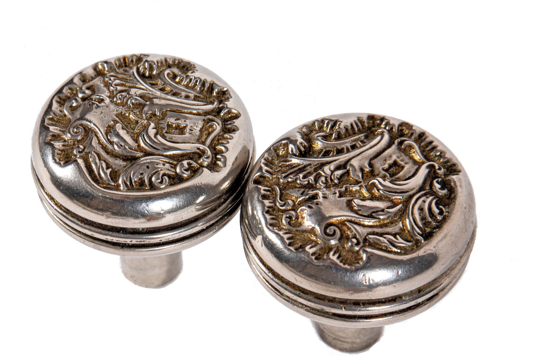rare nickel-plated ornamental cast bronze interior residential "beforte" pattern 19th century rococo style doorknobs