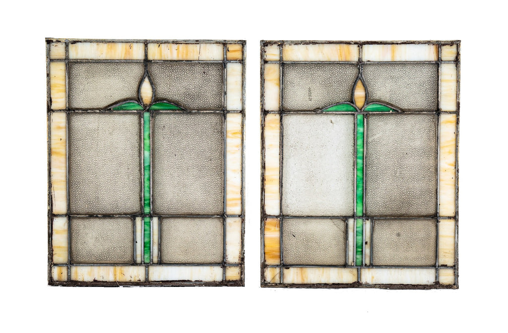 two matching salvaged chicago antique american strongly geometric foster and munger art glass windows with abstract floral motifs