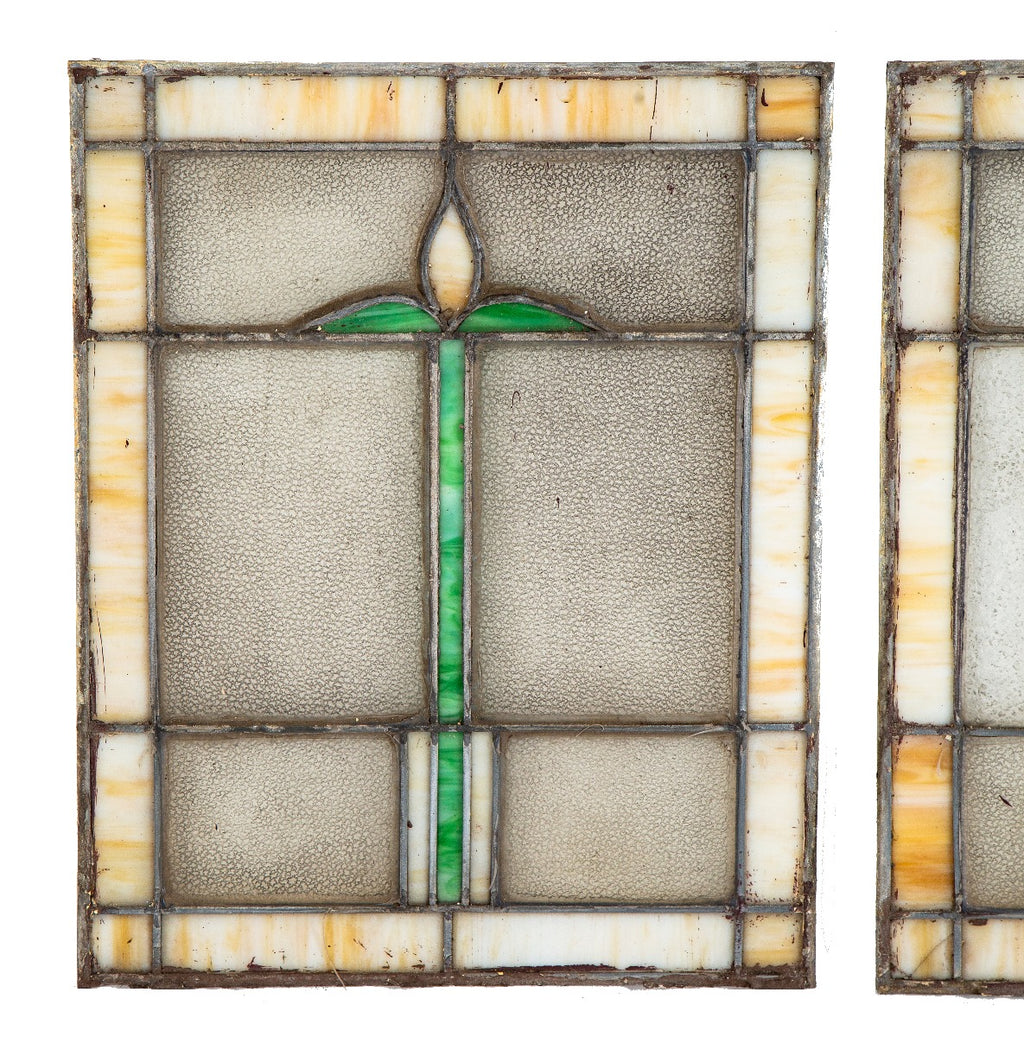 two matching salvaged chicago antique american strongly geometric foster and munger art glass windows with abstract floral motifs