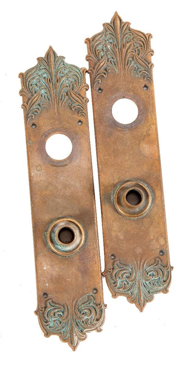 matching set of cast bronze 19th century richardsonian romanesque salvaged residential double door entrance doorknob backplates