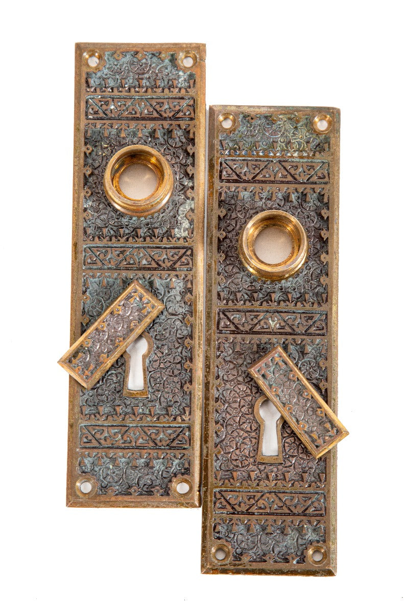 rare 1880s p.f. corbin american eastlake style cast bronze "brocade" pattern residential passage door backplates with swinging keyhole covers