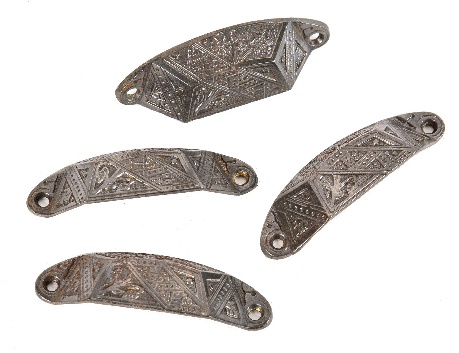 group of four matching 19th century antique american ornamental cast iron pantry cabinet drawer pulls