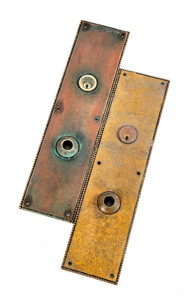 original 19th century salvaged chicago massive cast bronze yale and towne commercial building entrance door backplates with beaded border