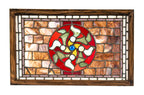 remarkable late 1880's american high victorian era salvaged chicago transom with ruby red flash glass center accentuated with jewels