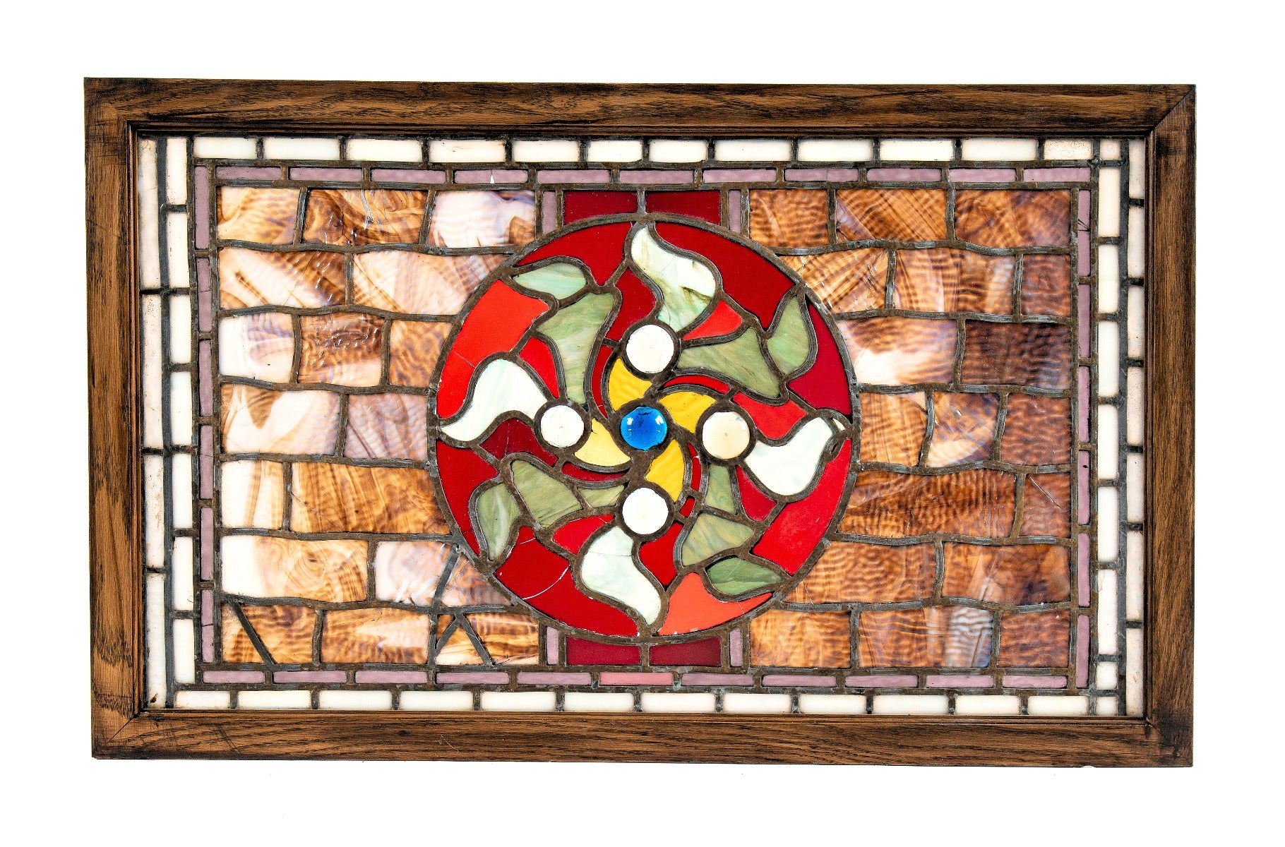 remarkable late 1880's american high victorian era salvaged chicago transom with ruby red flash glass center accentuated with jewels