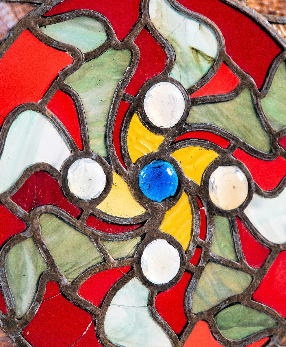 remarkable late 1880's american high victorian era salvaged chicago transom with ruby red flash glass center accentuated with jewels