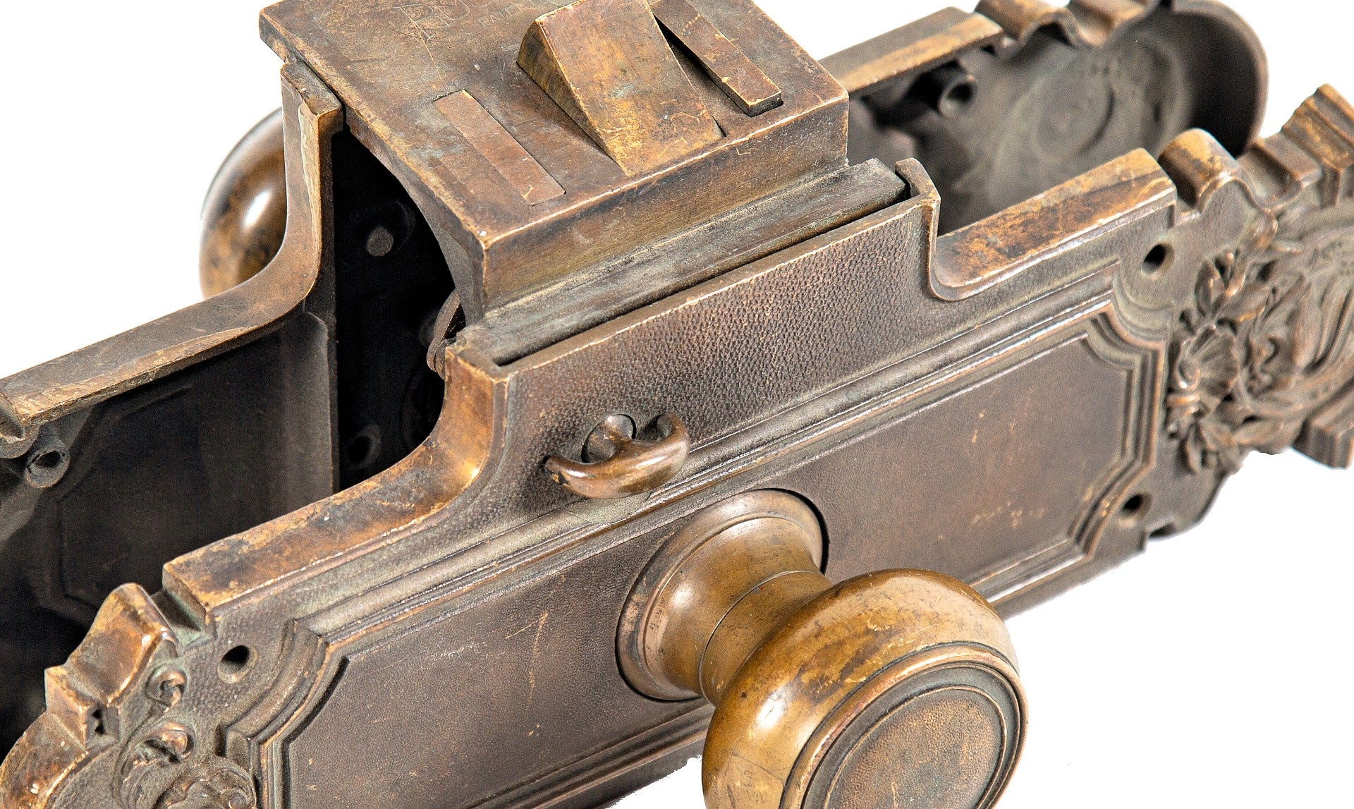 original early 20th century salvaged neoclassical style ornamental cast bronze monogrammed hotel "unit lock set" with privacy latch