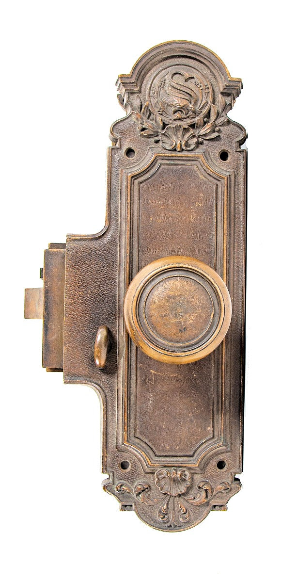 original early 20th century salvaged neoclassical style ornamental cast bronze monogrammed hotel "unit lock set" with privacy latch