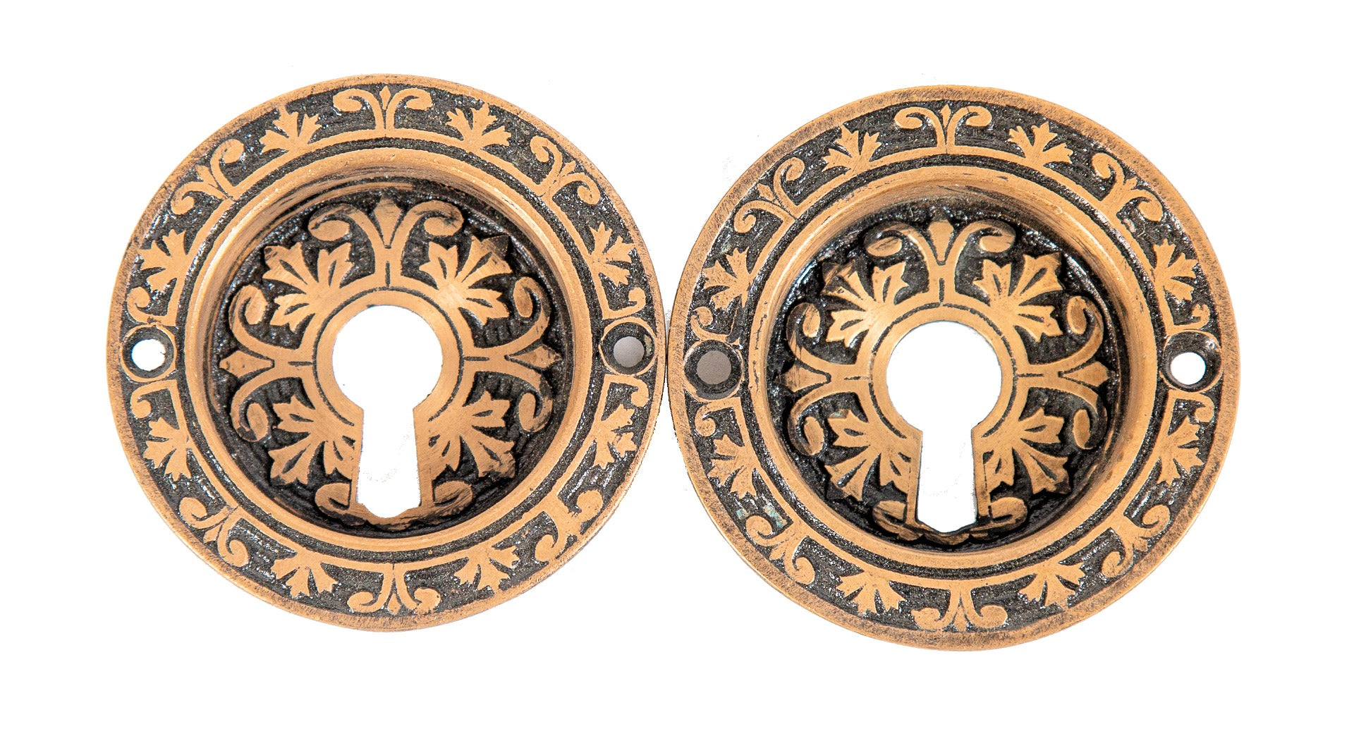 1870's ornamental cast brass circular-shaped post-fire chicago residential pocket door door plates with black enameled inlay