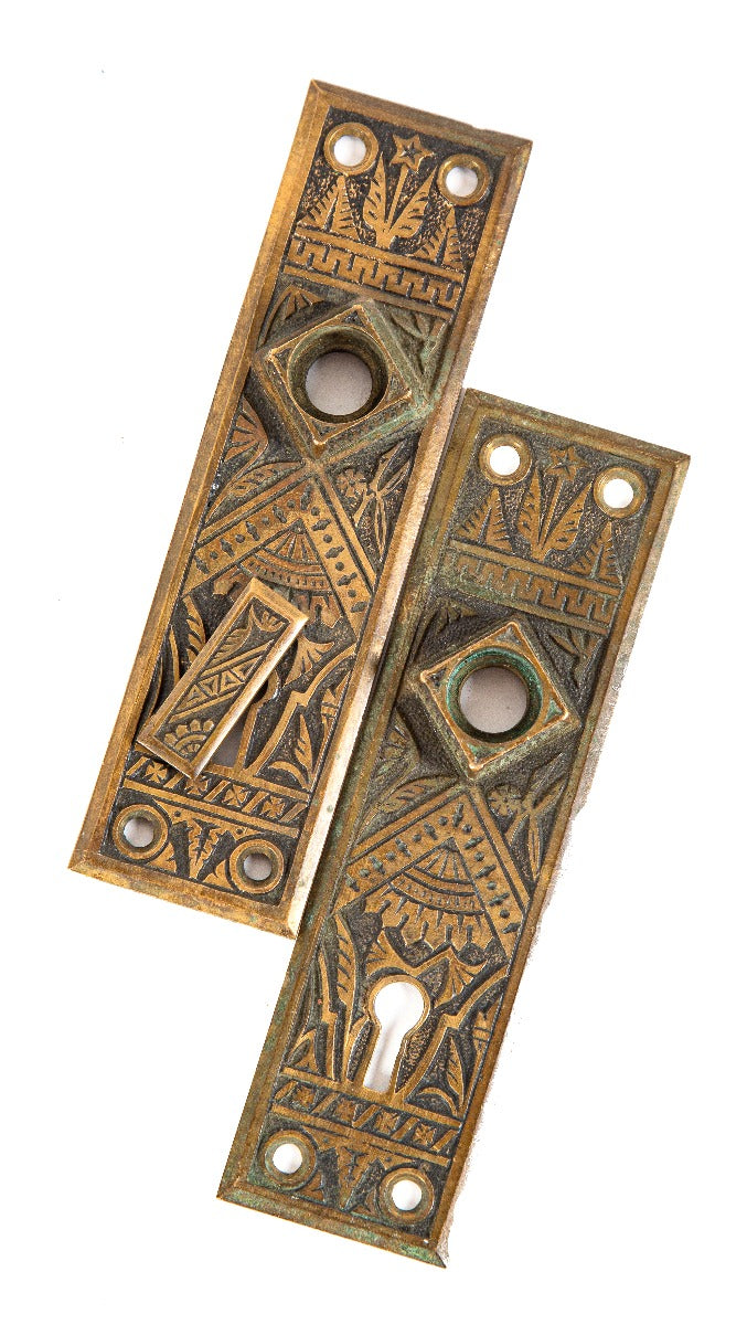 matching set of original 19th century american ornamental cast bronze "bamboo" pattern eastlake style doorknob backplates