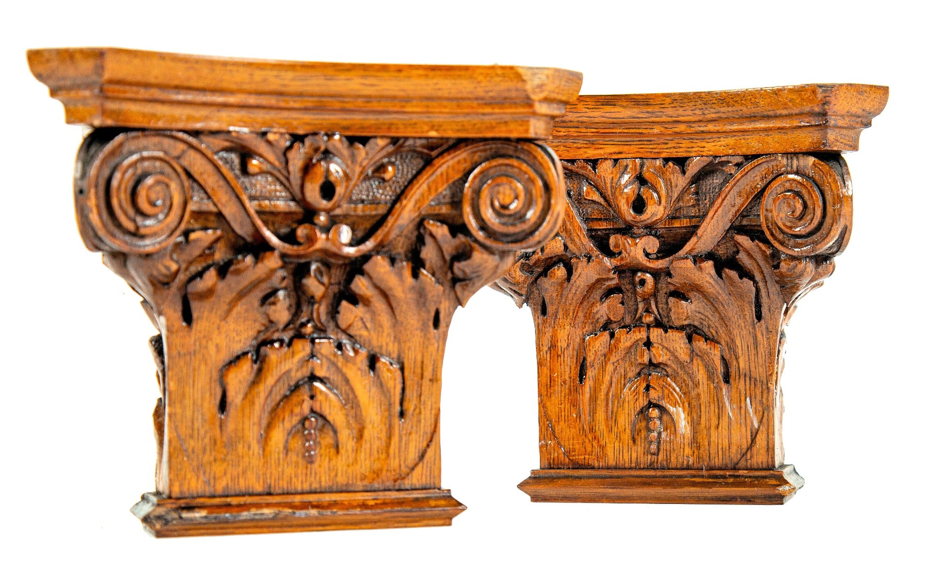 matching set of 19th century gilded age new york city mansion hand-carved diminutive oak wood capitals