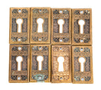 group of 8 matching highly desirable 19th century "brocade" pattern interior residential passage door keyplates
