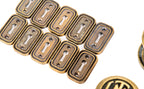 group of ten matching original 1920s logan square masonic temple cast brass monogrammed doorknobs with matching rosettes and keyplates