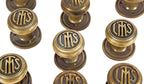 group of ten matching original 1920s logan square masonic temple cast brass monogrammed doorknobs with matching rosettes and keyplates
