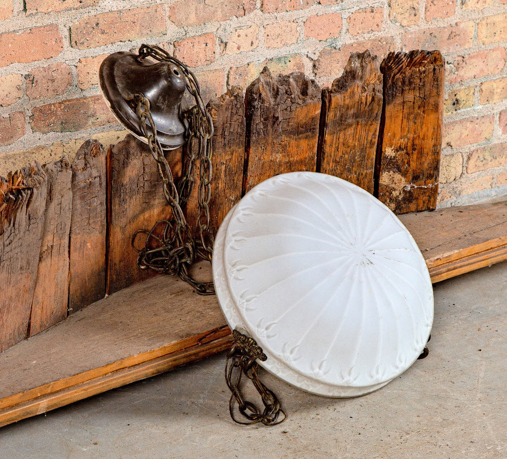 one of several matching original antique american cleveland dance hall oversized drop-bowl ceiling fixtures with pressed glass shades