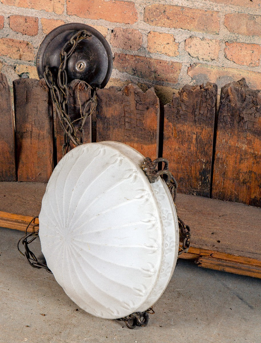 one of several matching original antique american cleveland dance hall oversized drop-bowl ceiling fixtures with pressed glass shades