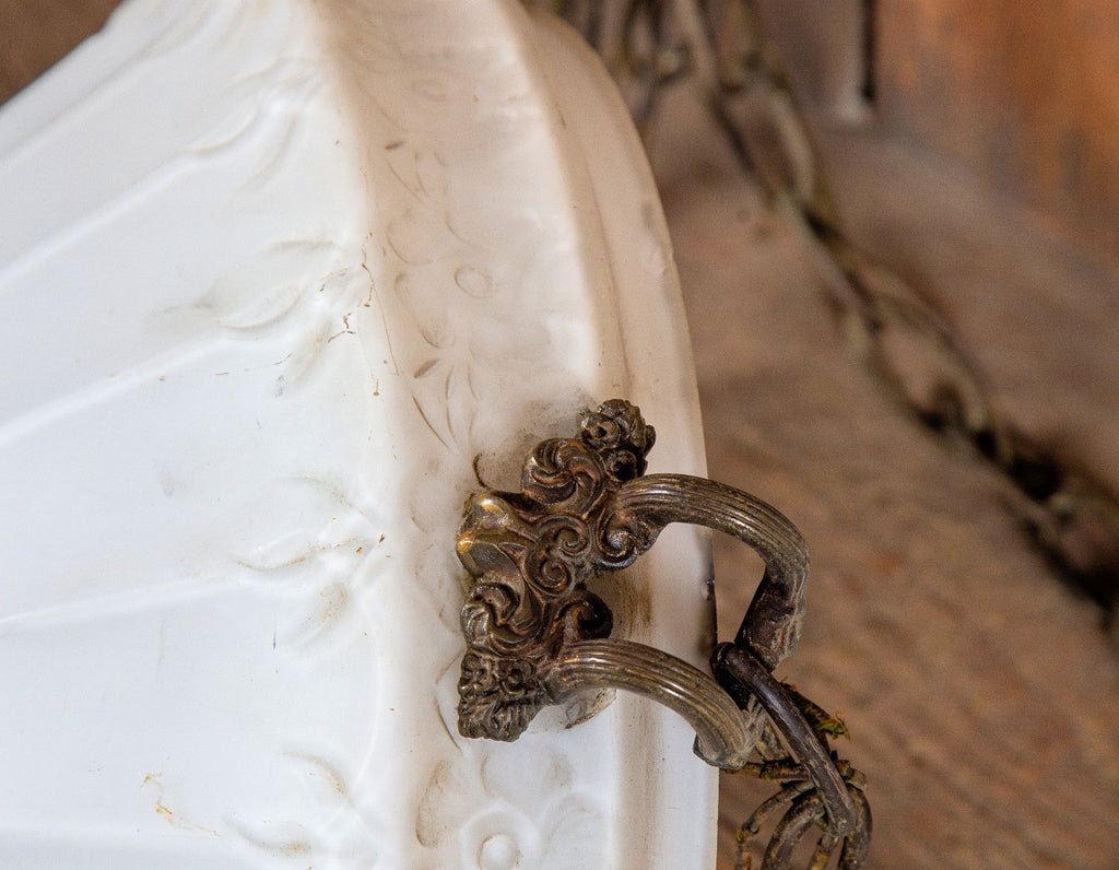 one of several matching original antique american cleveland dance hall oversized drop-bowl ceiling fixtures with pressed glass shades