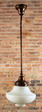 unique late 19th century copper-plated brass multi-part reliance building interior hallway pendant light with schoolhouse style globe