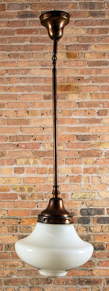 unique late 19th century copper-plated brass multi-part reliance building interior hallway pendant light with schoolhouse style globe