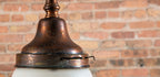 unique late 19th century copper-plated brass multi-part reliance building interior hallway pendant light with schoolhouse style globe