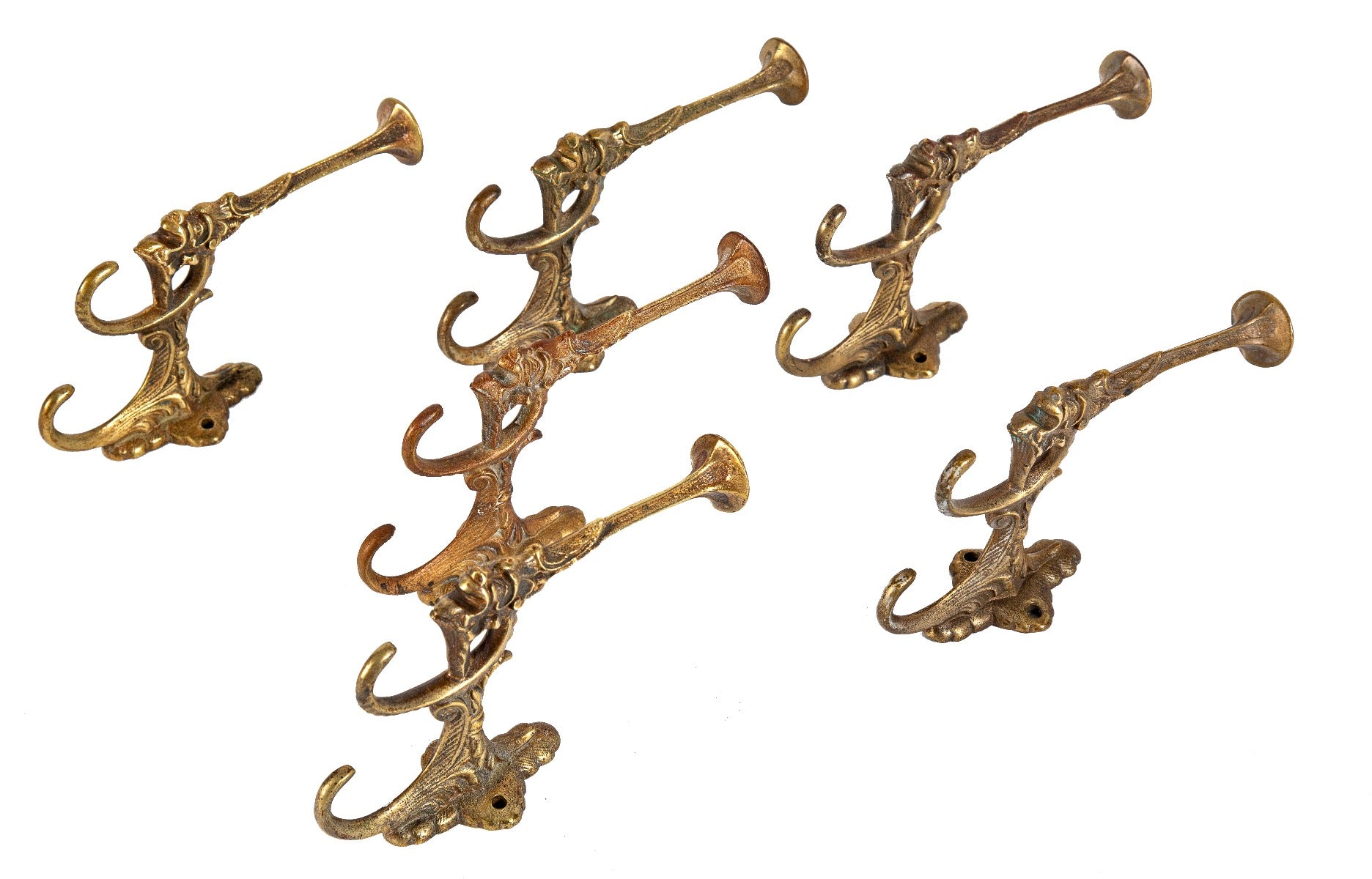 group of six original 19th century ornamental figural salvaged chicago hall tree hooks comprised of bronze with nicely aged surface patina