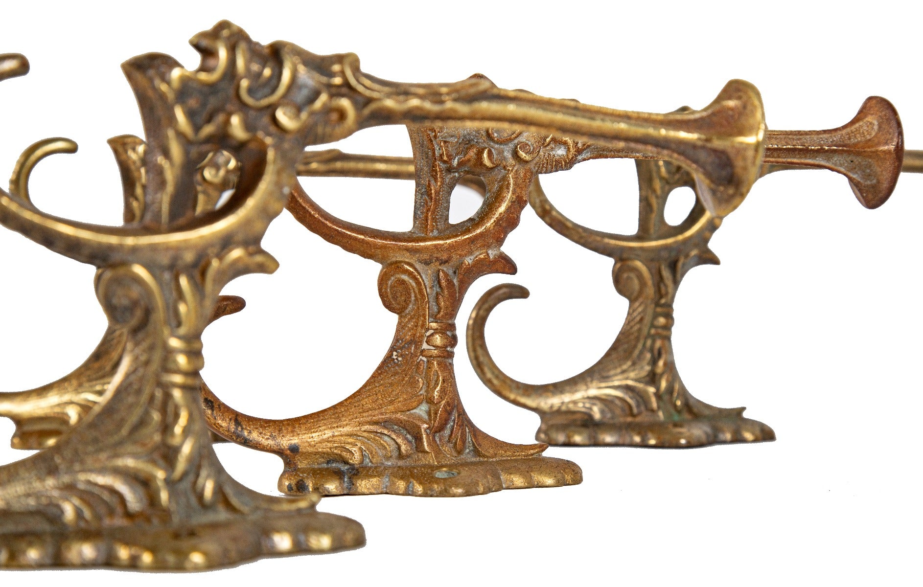 group of six original 19th century ornamental figural salvaged chicago hall tree hooks comprised of bronze with nicely aged surface patina