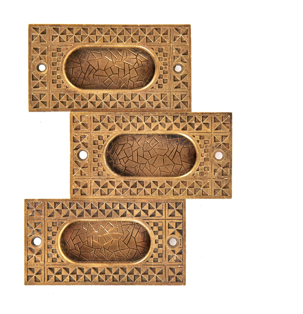 three matching hard to find mallory wheeler ornamental cast bronze "crazy quilt" pattern pocket door pulls