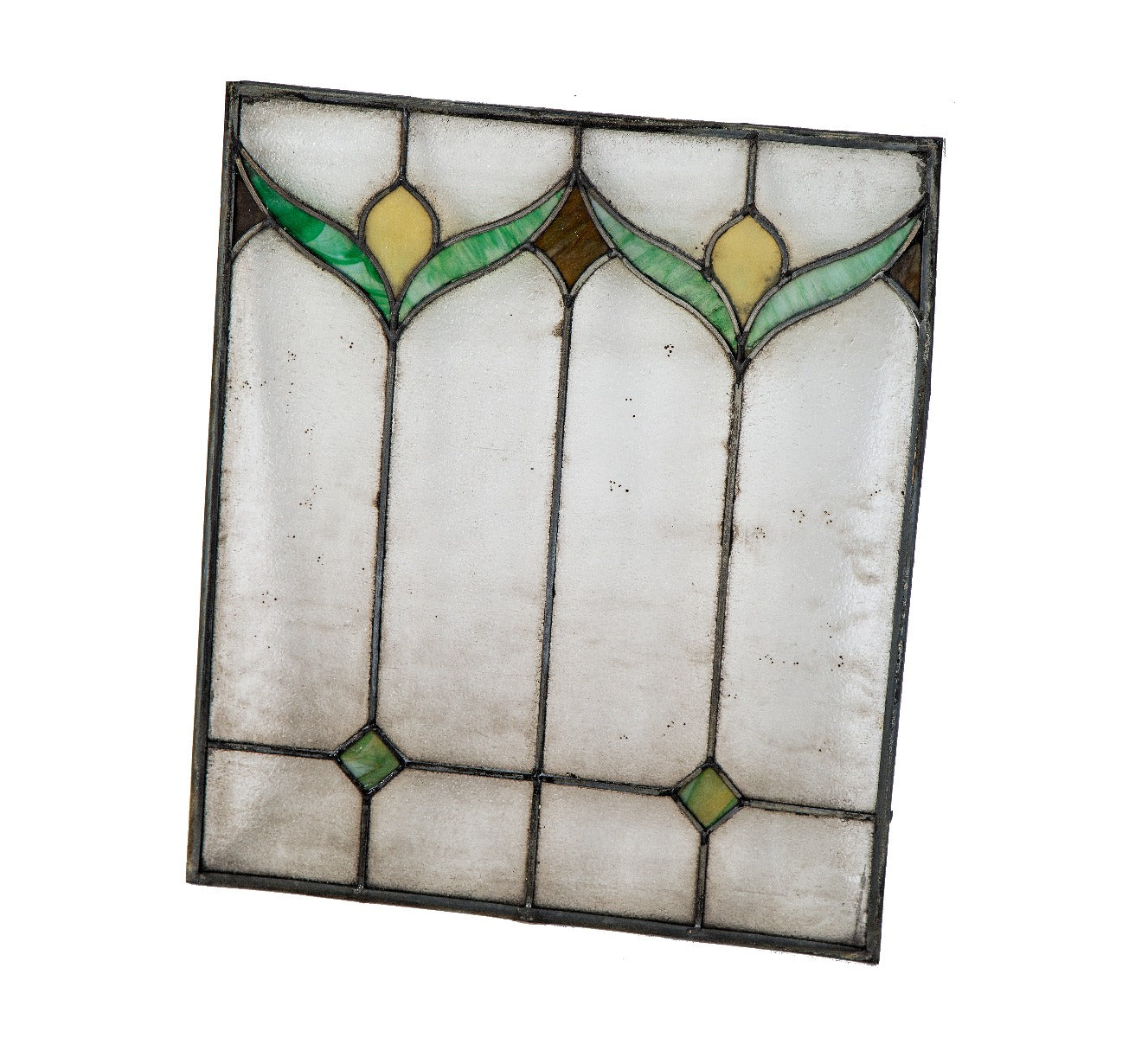 single all original early 20th century antique american craftsman style art glass window with abstract floral motifs
