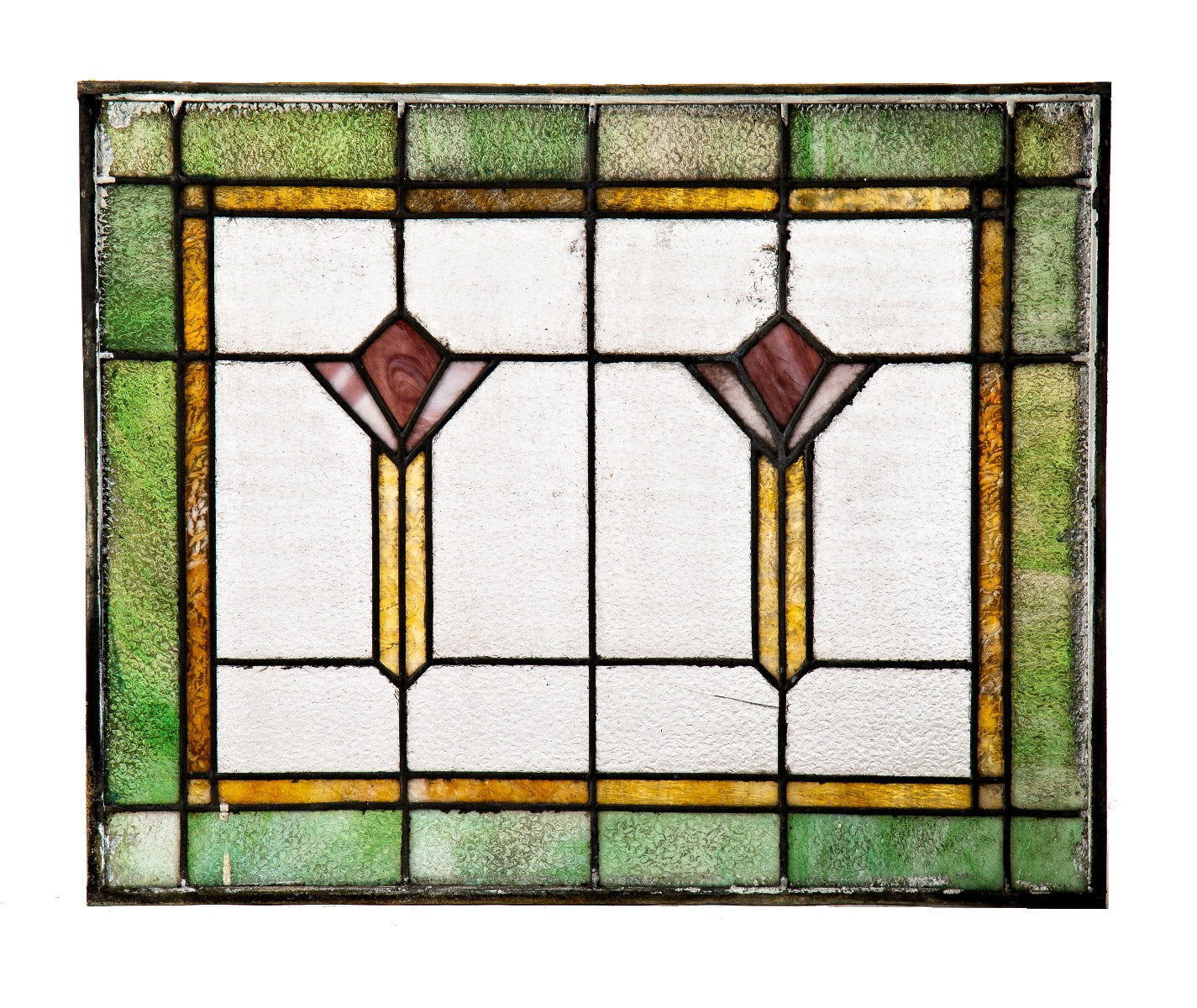 single all original salvaged chicago early 20th century leaded art glass bungalow residential transom window with abstract floral motifs