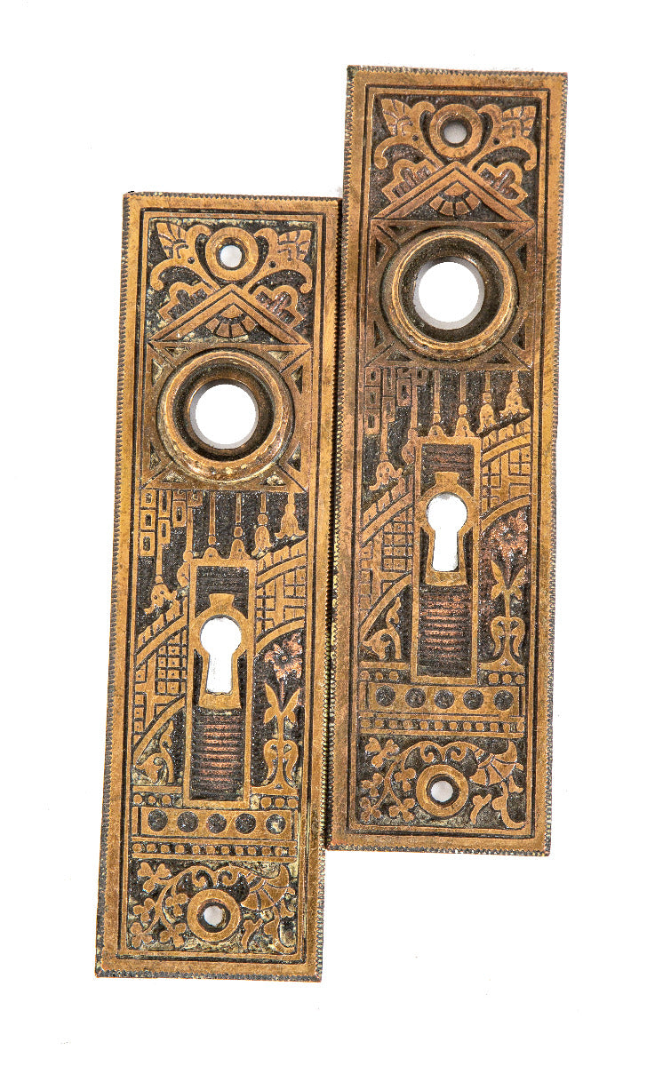 matching set of original 1880s ornamental cast brass american eastlake style "ceylon" pattern passage door backplates