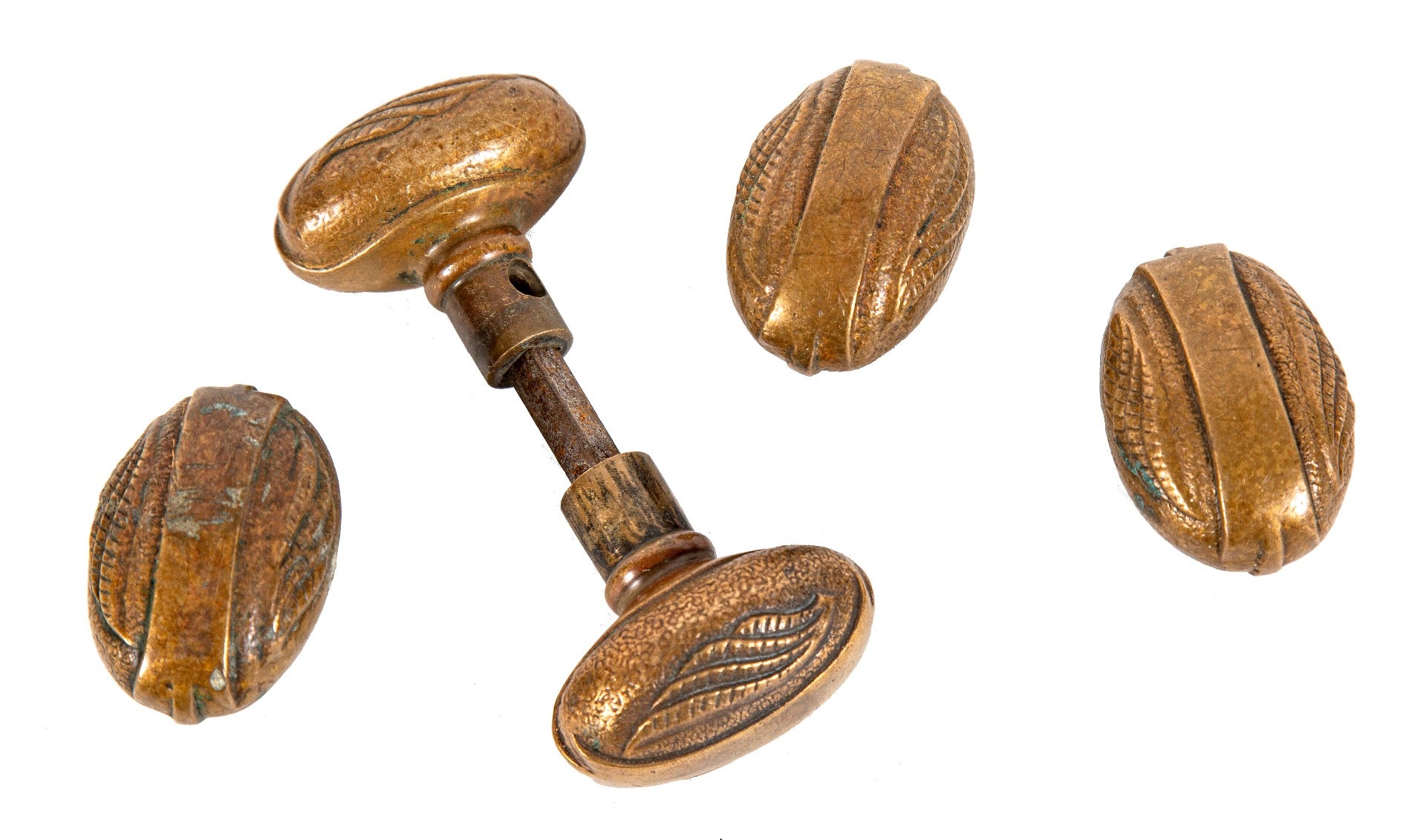 group of five matching late 19th century oval-shaped passage size cast bronze f.c. linde doorknobs with nicely aged surface patina
