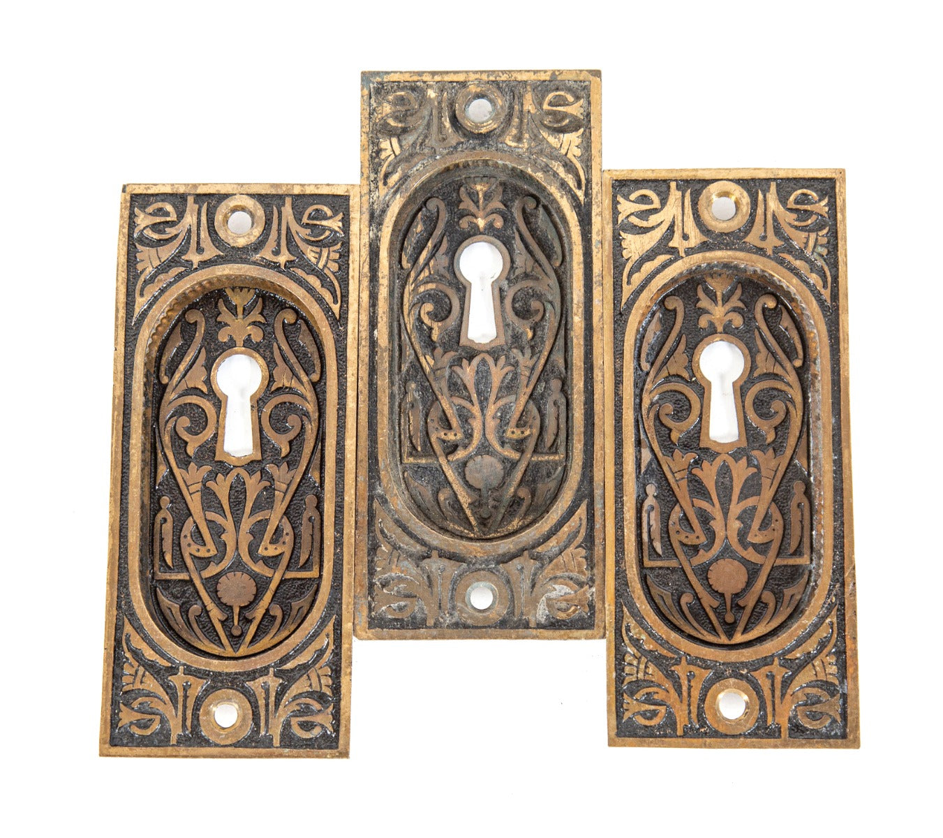 group of three 1880s antique american eastlake style ornamental cast brass interior residential salvaged pocket door backplates
