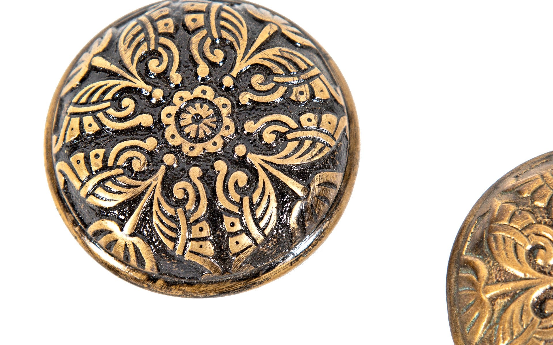 six matching 1880s american antique eastlake style salvaged chicago "oriental" pattern branded rim cast brass doorknobs