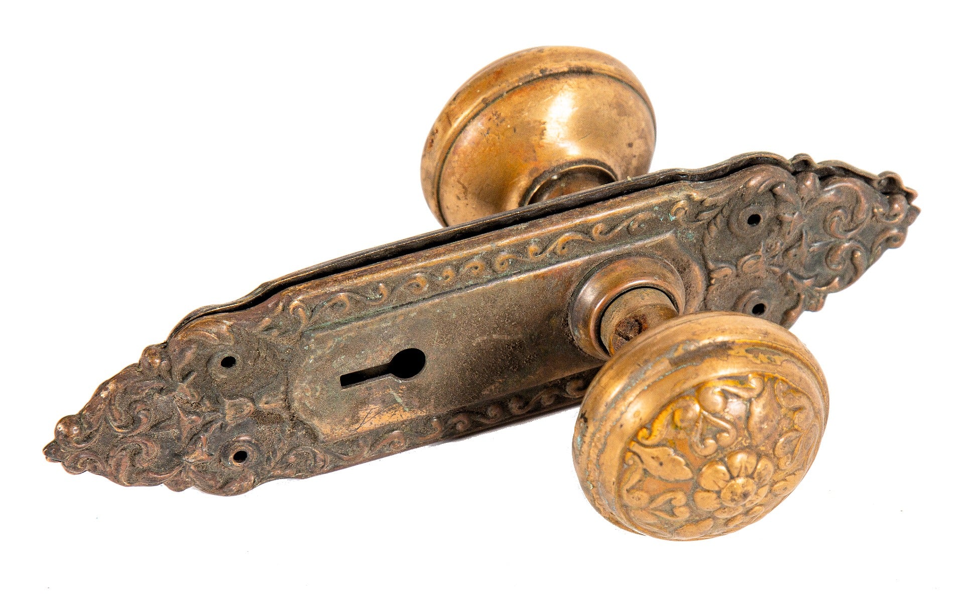 original late 19th century ornamental wrought bronze "mura" pattern passage door lockset