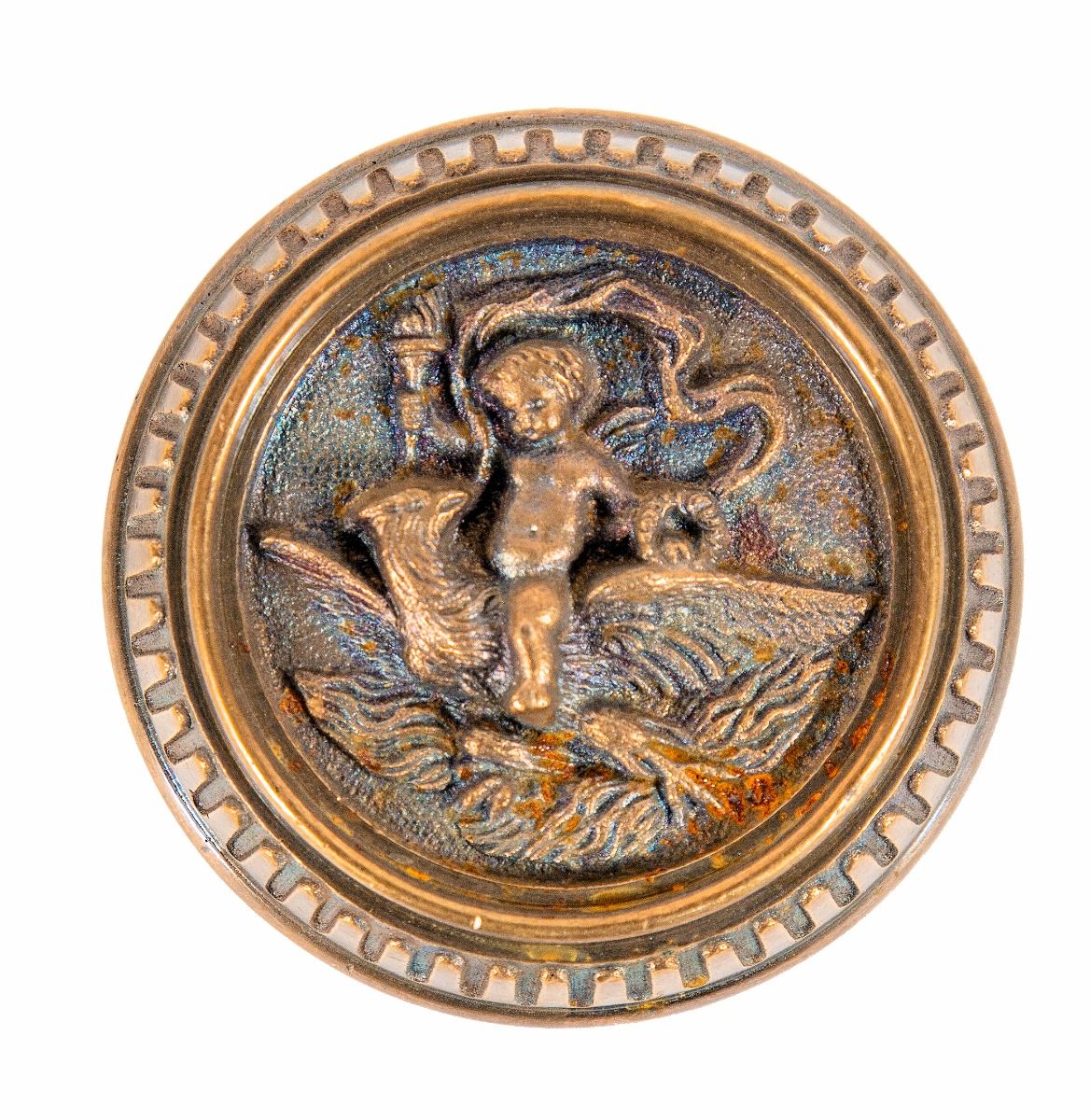 1880s american victorian era ornamental cast brass figural "cherub" residential doorknob with fluted design along hand's outer edge