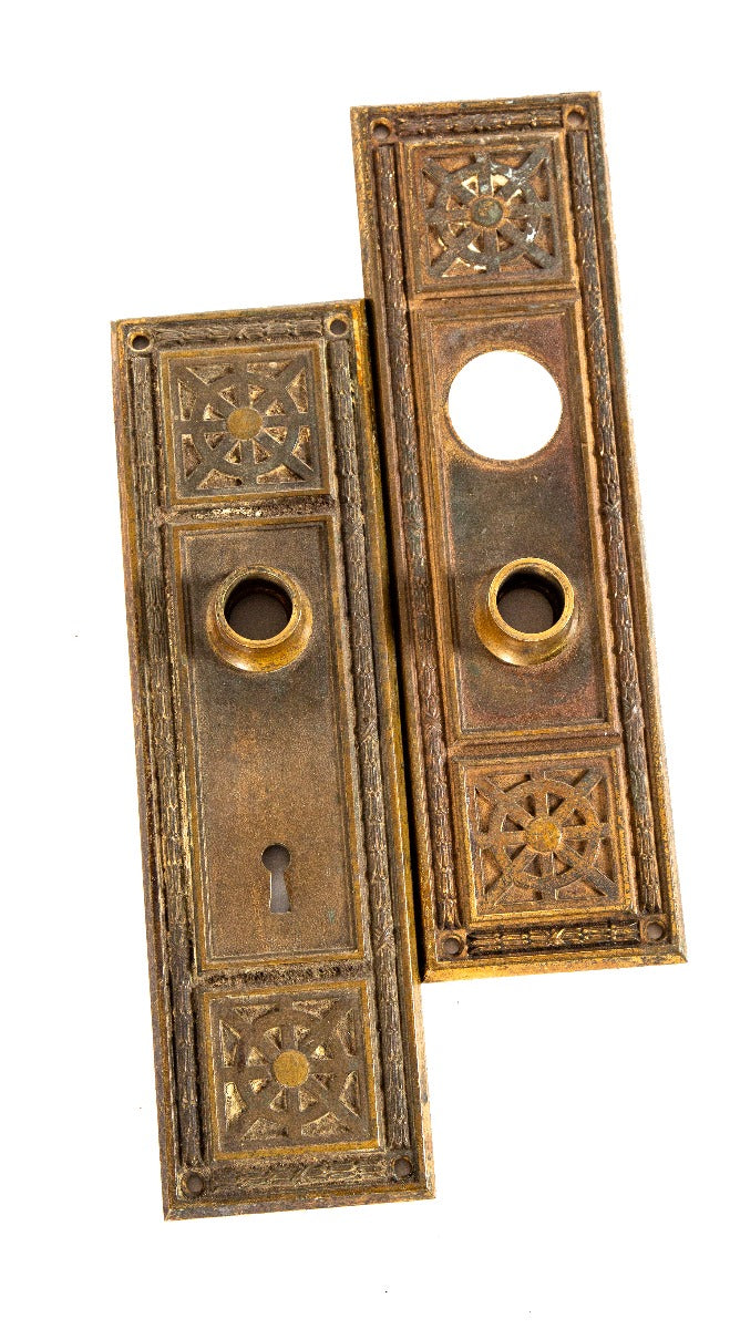 set of original 1920's nicely aged ornamental cast bronze downtown chicago commercial bank building doorknob backplates