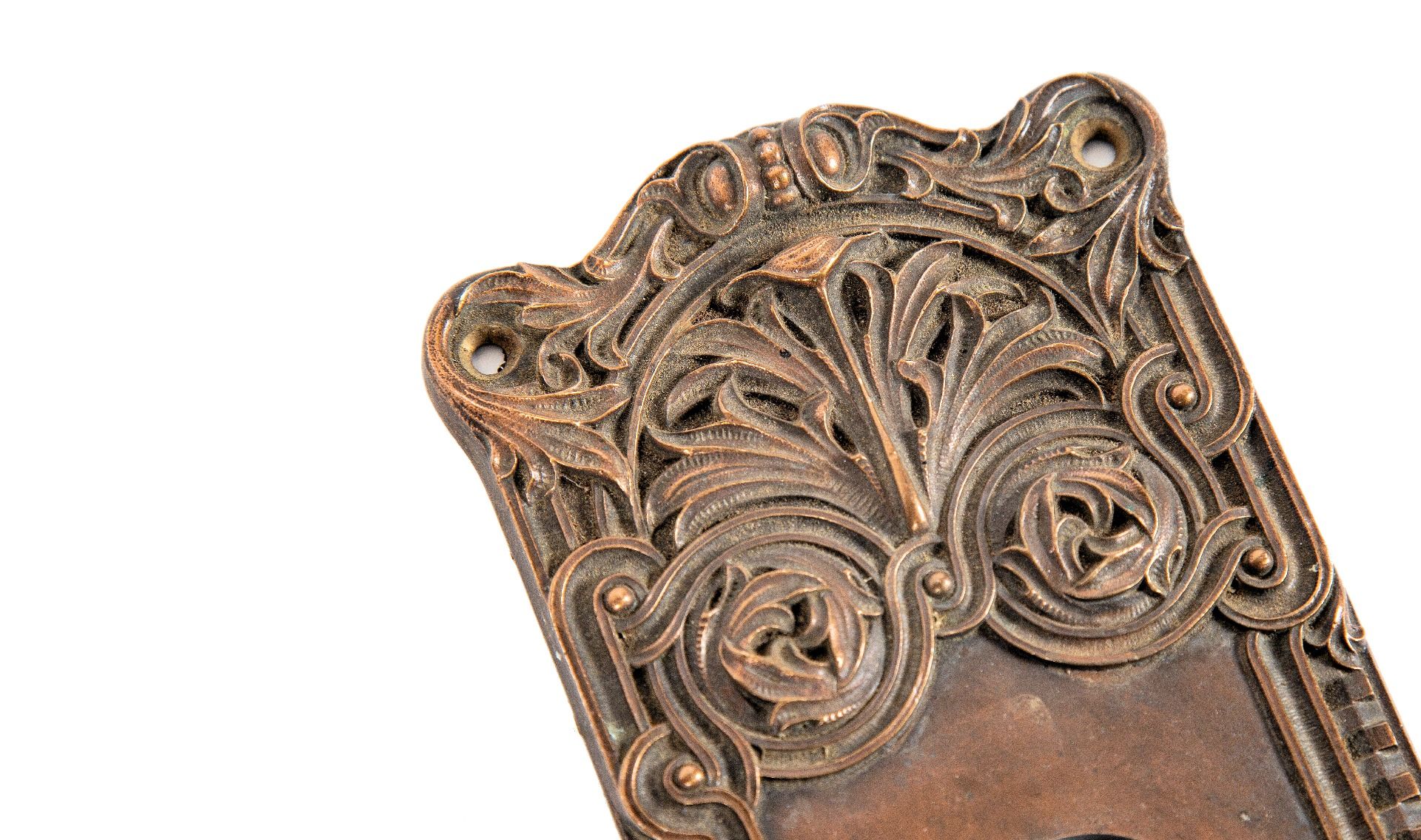 19th century custom-designed richardsonian romanesque cast bronze minneapolis city hall monogrammed doorknob and backplate