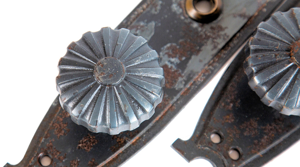 original john root-designed kansas city board of trade building (kbot) cast iron doorknob and matching backplate with largely intact bower-barff finish