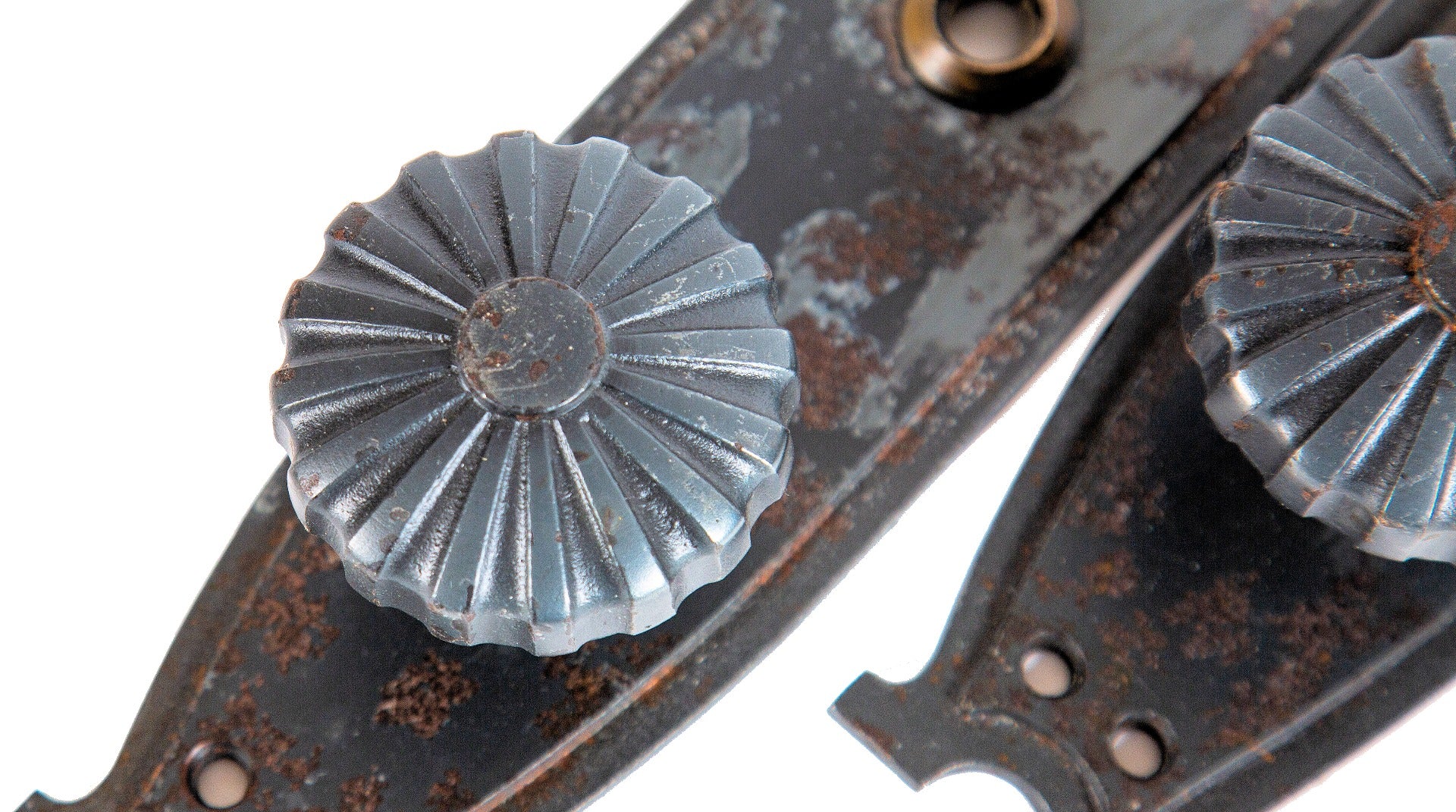 original john root-designed kansas city board of trade building (kbot) cast iron doorknob and matching backplate with largely intact bower-barff finish
