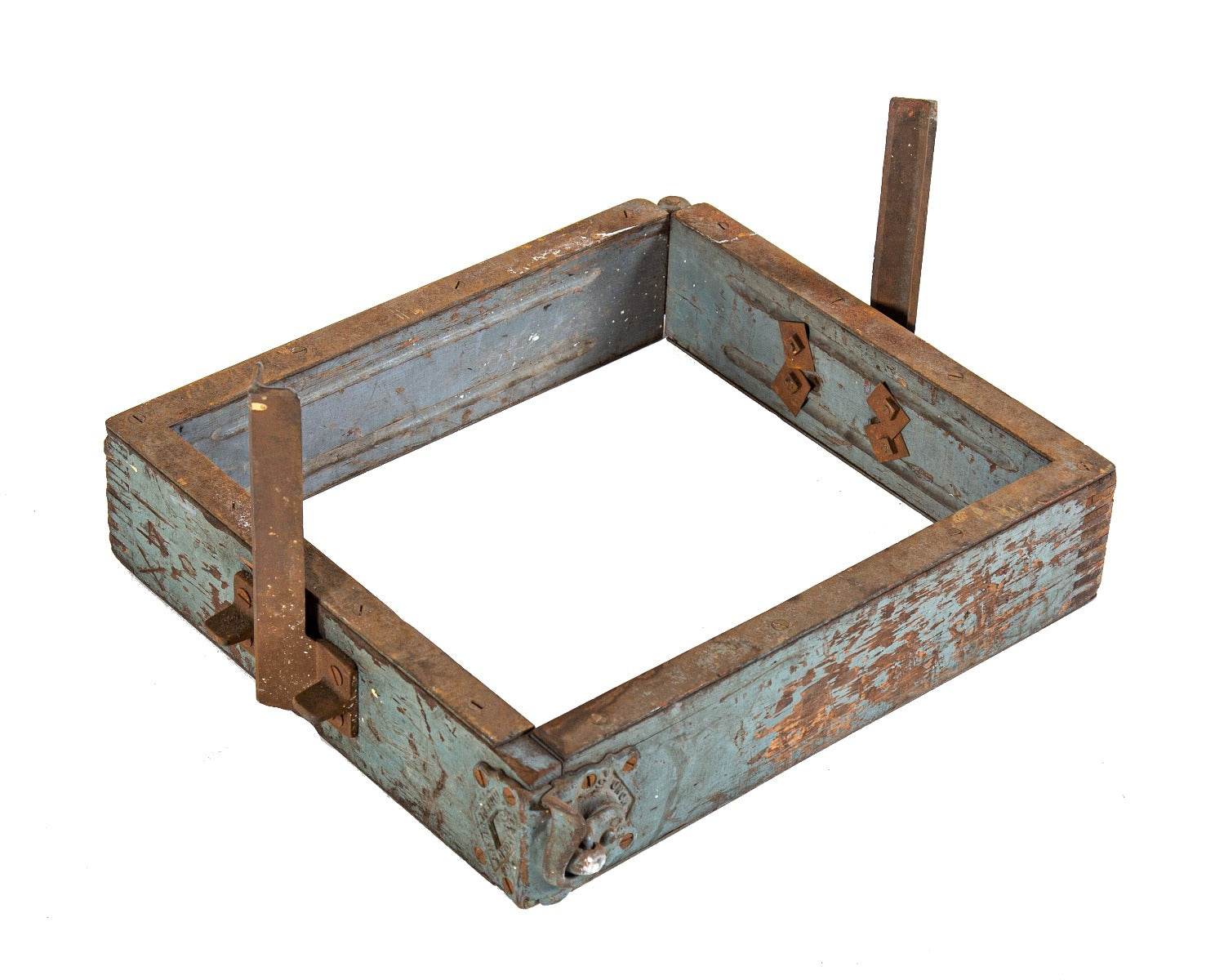 early 20th century foundry sand casting hinged wood flask fabricated by or for the s. obermayer company