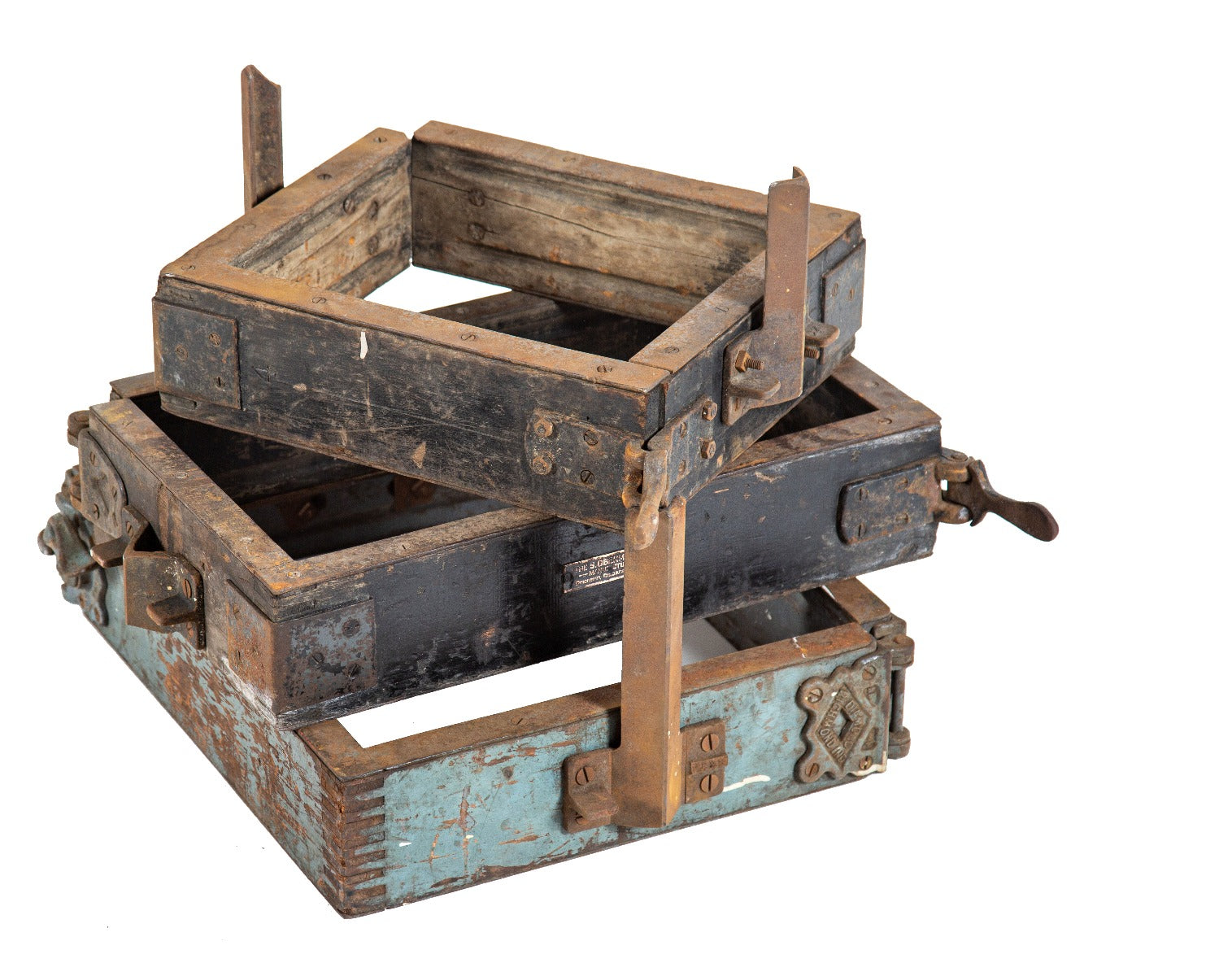 one of three nearly identical early 20th century gary steel works sand casting wood cask with intact hardware