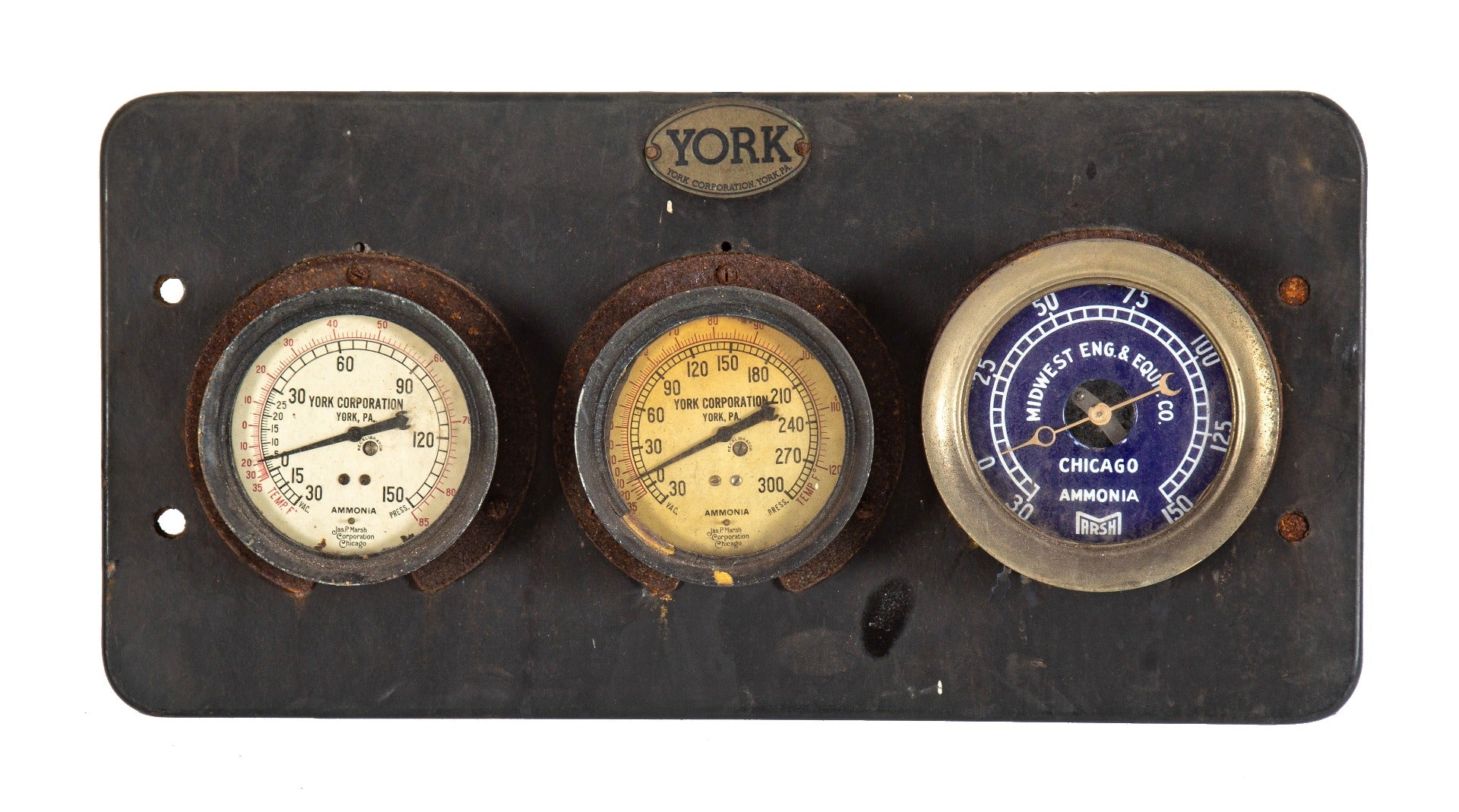 rare york mfg. company early 20th century city water filtration plant indicator board with original brass bezel gauges
