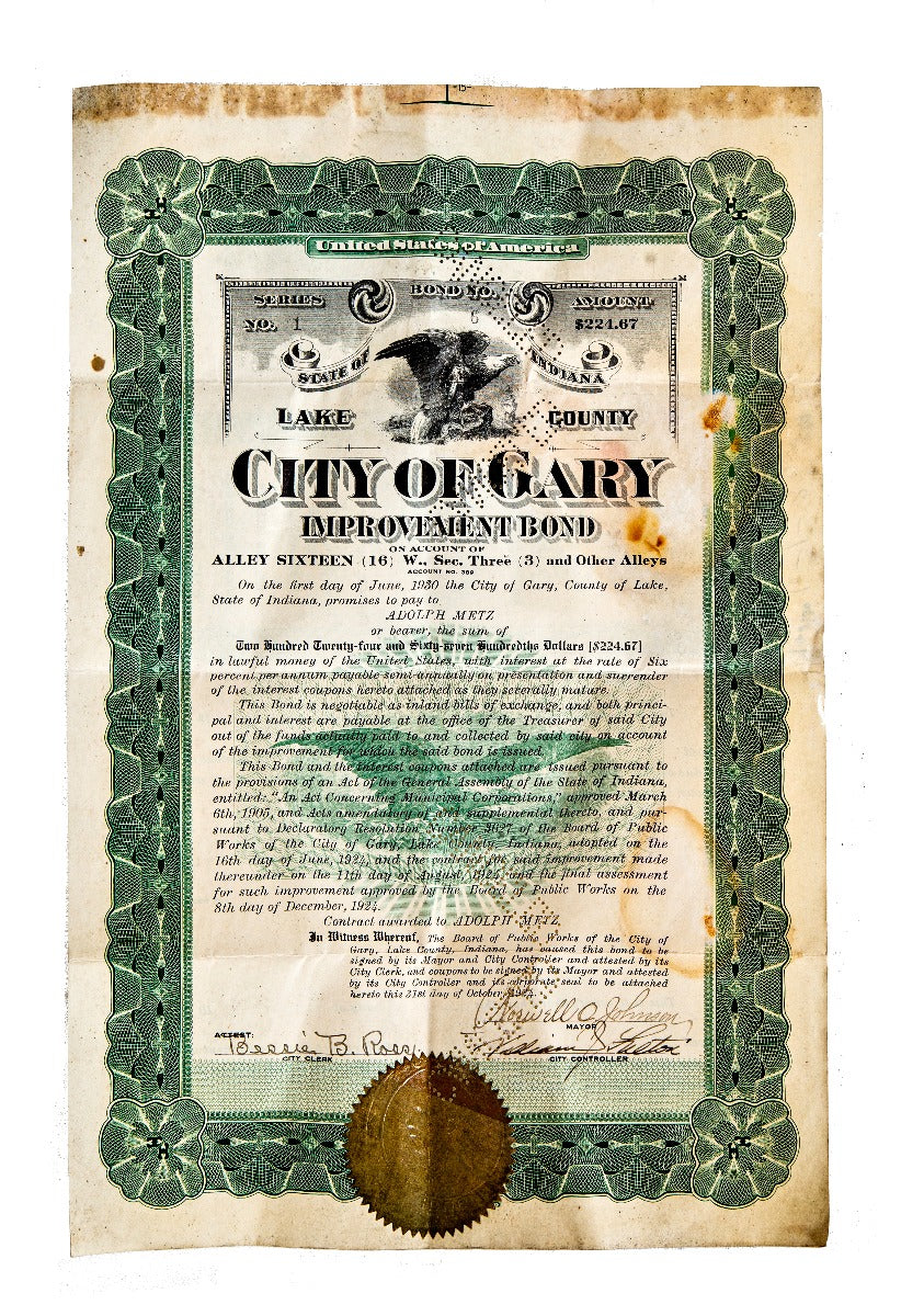 single depression-era fanciful original double-sided city of gary improvement bond for infrastructure