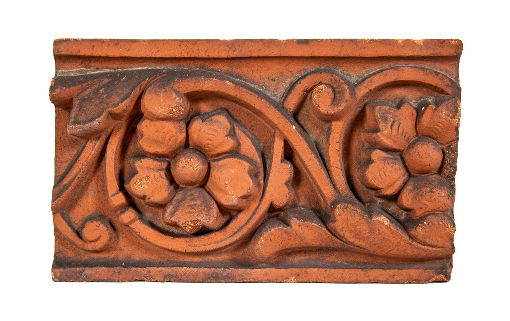 original 19th century red slip glazed ornamental st. louis winkle terra cotta fragment with stamp