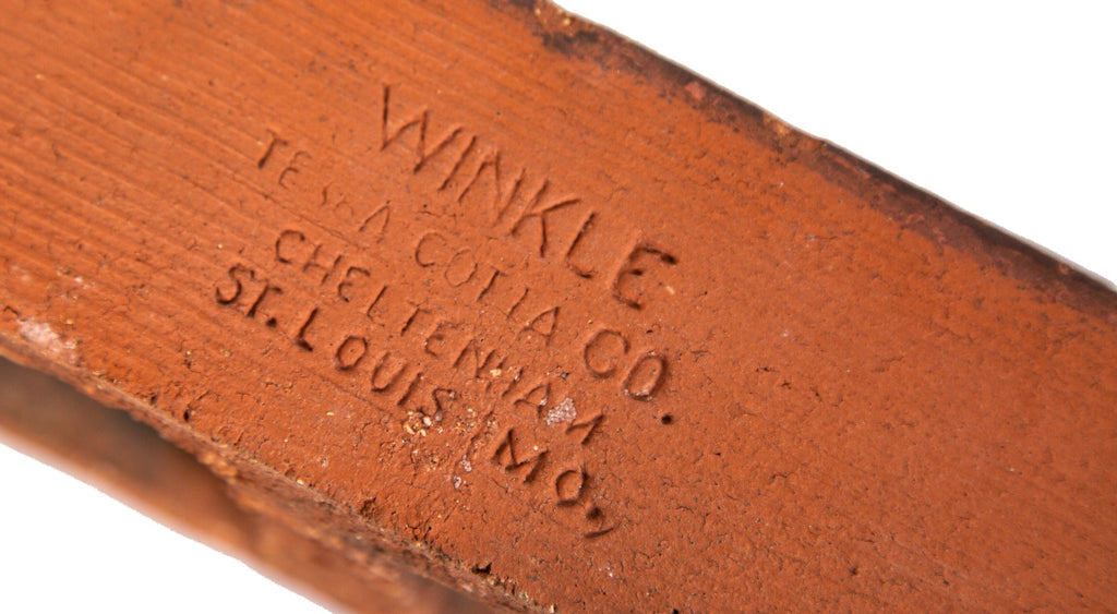 original 19th century red slip glazed ornamental st. louis winkle terra cotta fragment with stamp