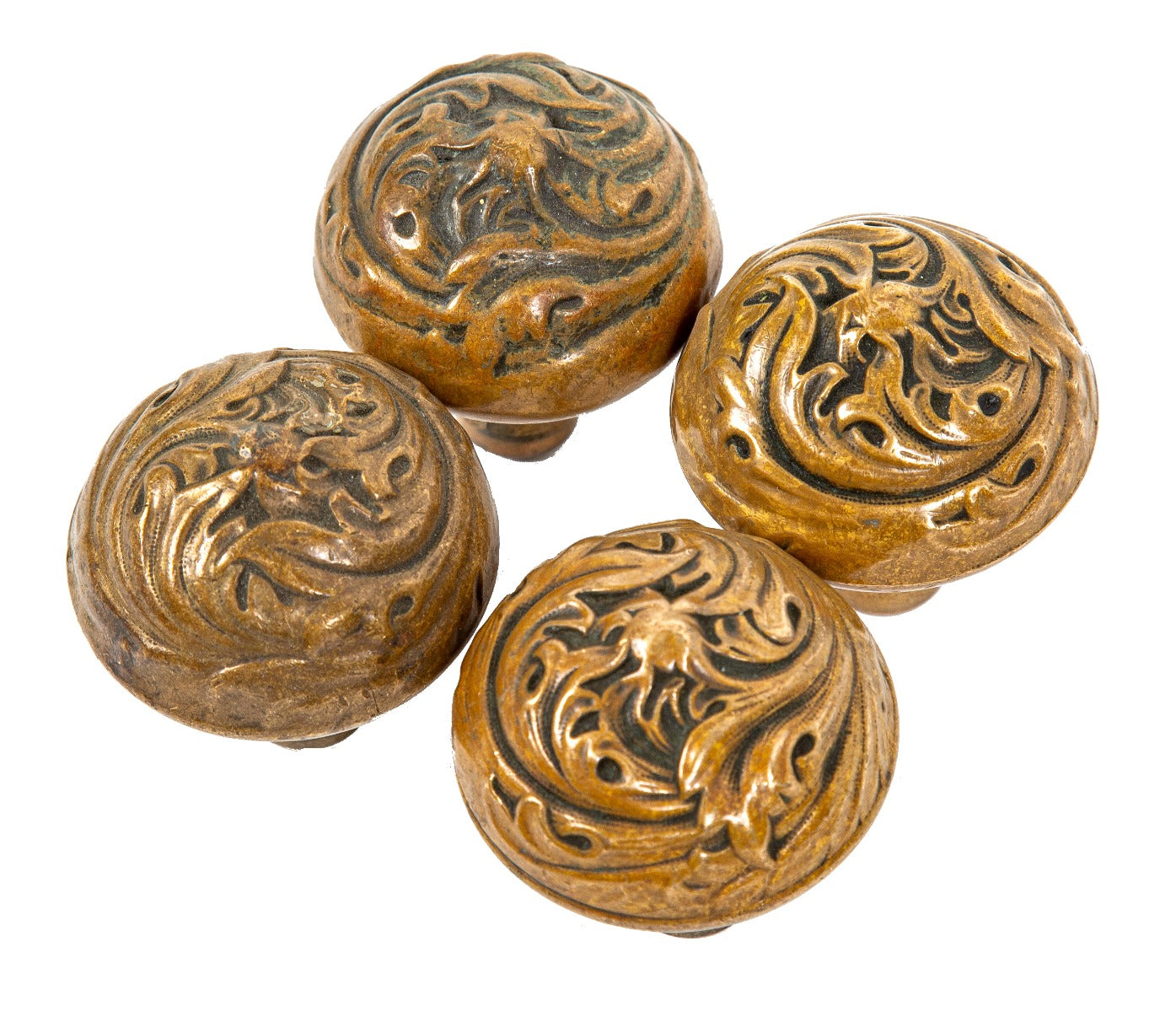 group of 4 matching original ornamental cast bronze richardsonian romanesque "florence" pattern doorknobs with nicely aged surface patina
