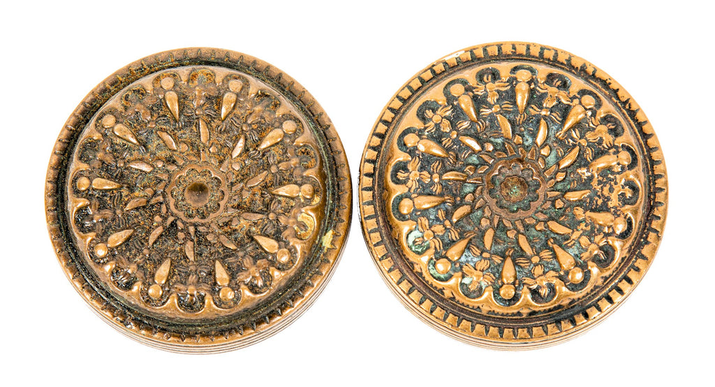 highly sought after 19th century original cast bronze 1890's "elaine" pattern doorknobs designed by john e. habster