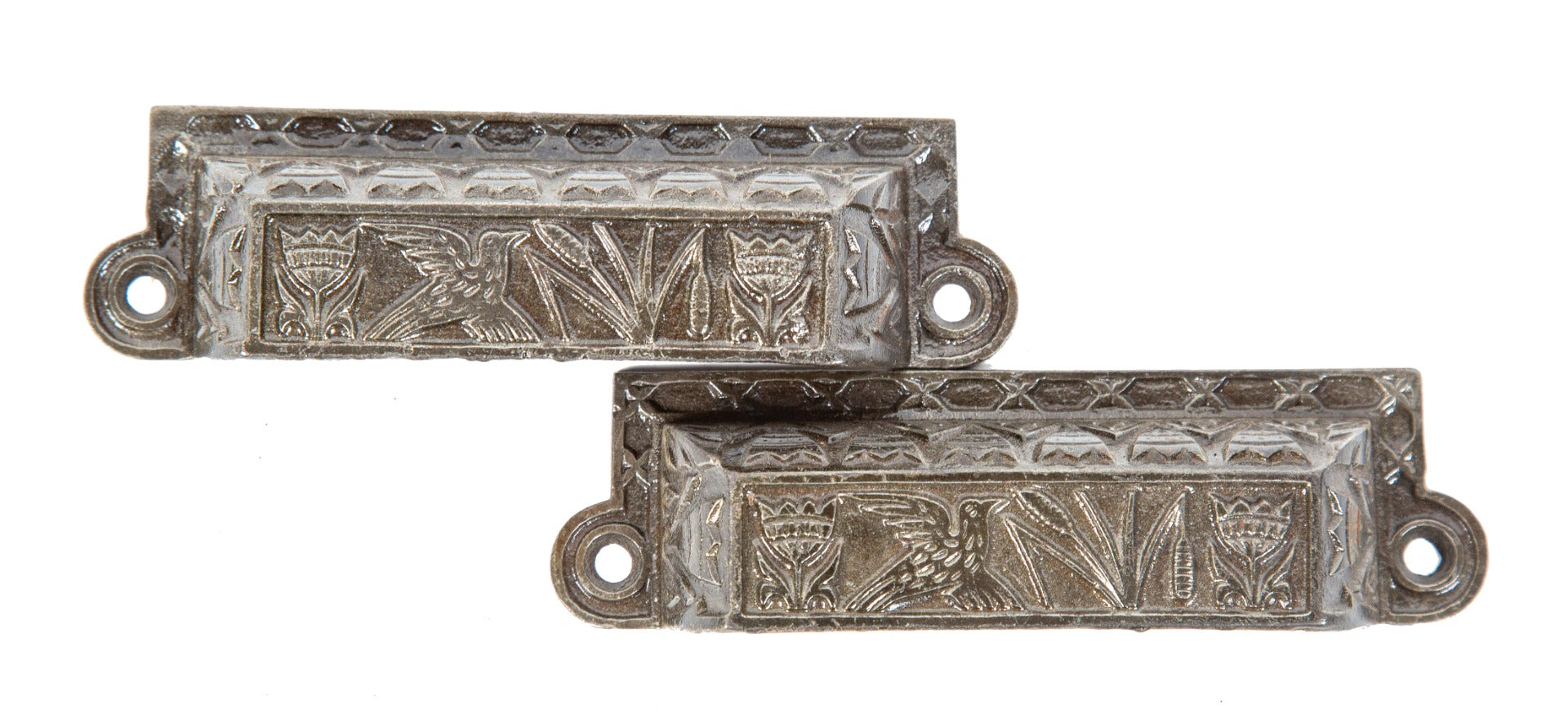 two matching original 1880s ornamental cast iron figural anglo-japanese residential cabinet drawer pulls with brushed metal finish