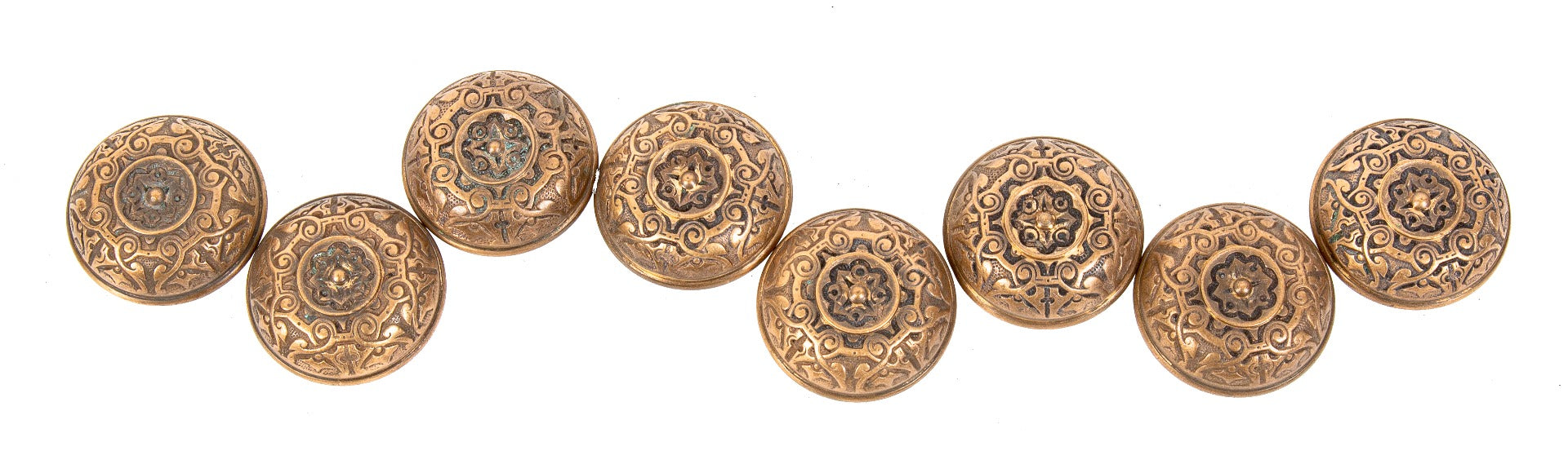 group of 8 matching early 1880s ornamental cast bronze reading company salvaged chicago passage size doorknobs with sunken center