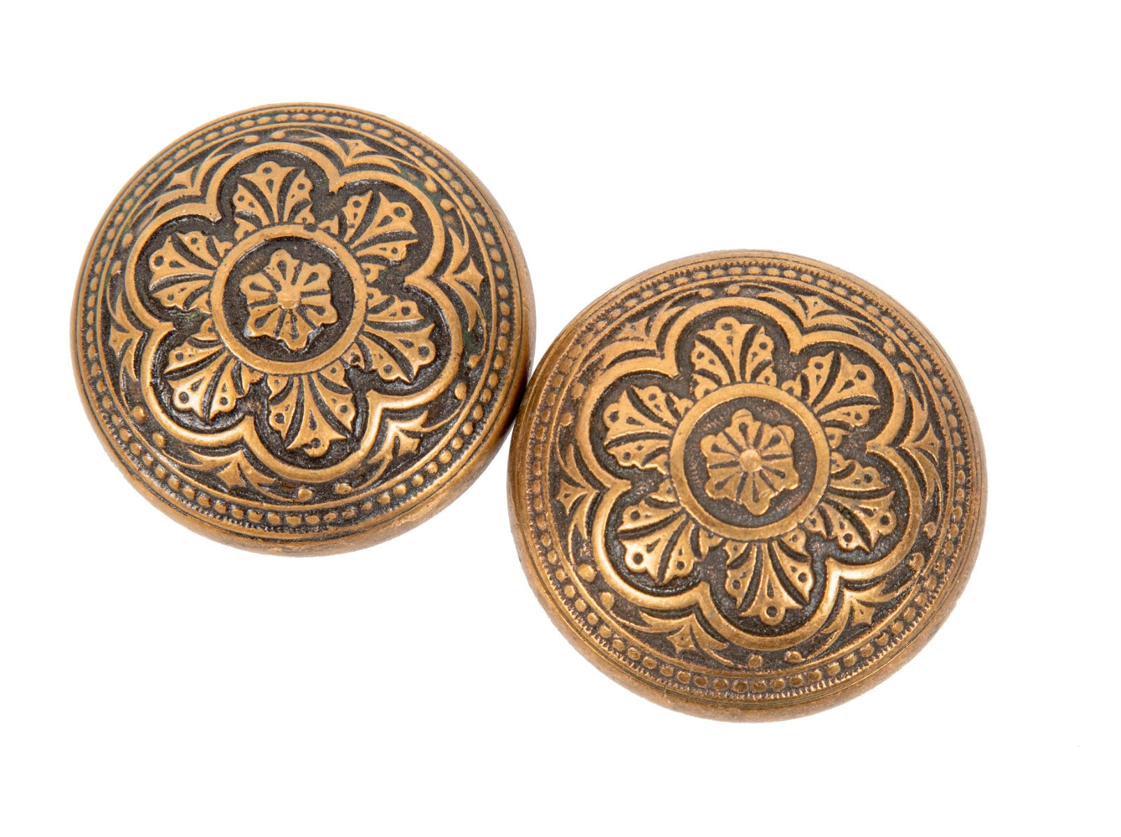 two high victorian-era ornamental cast bronze early 1880s salvaged chicago interior residential russell & erwin doorknobs